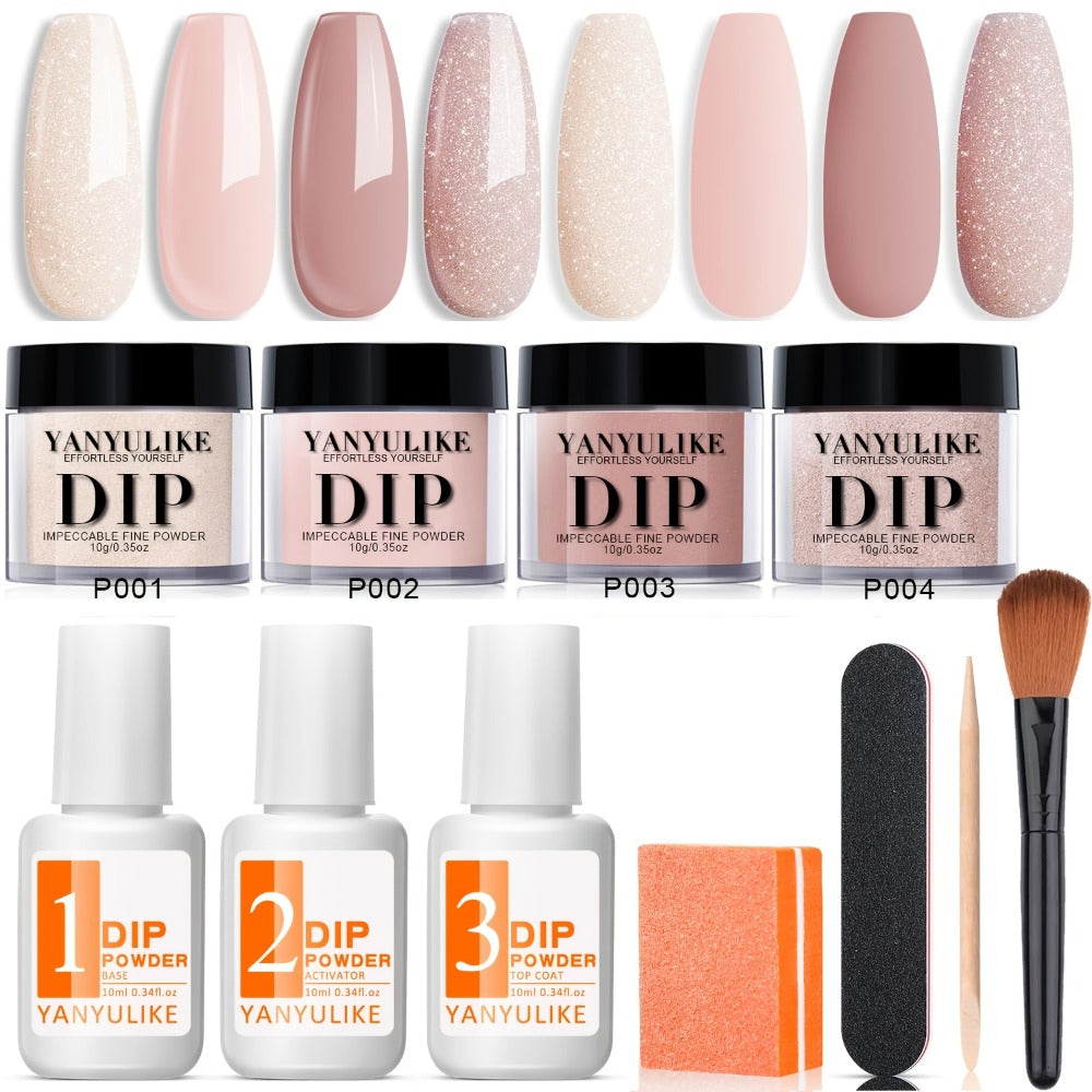 Dip Powder Nail Kit with YANYILIKE Label, Four Nude Shimmer Powders, Three 10ml Liquids and Four Tools — image 3