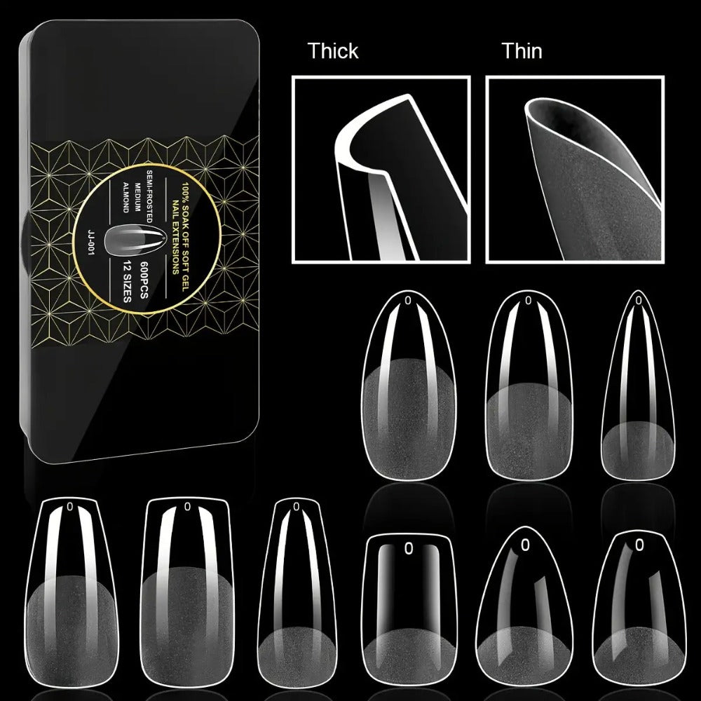 Gel Nail Tips 600 Pieces Clear Crystal Full Cover Nail Extensions – Almond Oval Coffin Stiletto Square Short Medium Long Soft