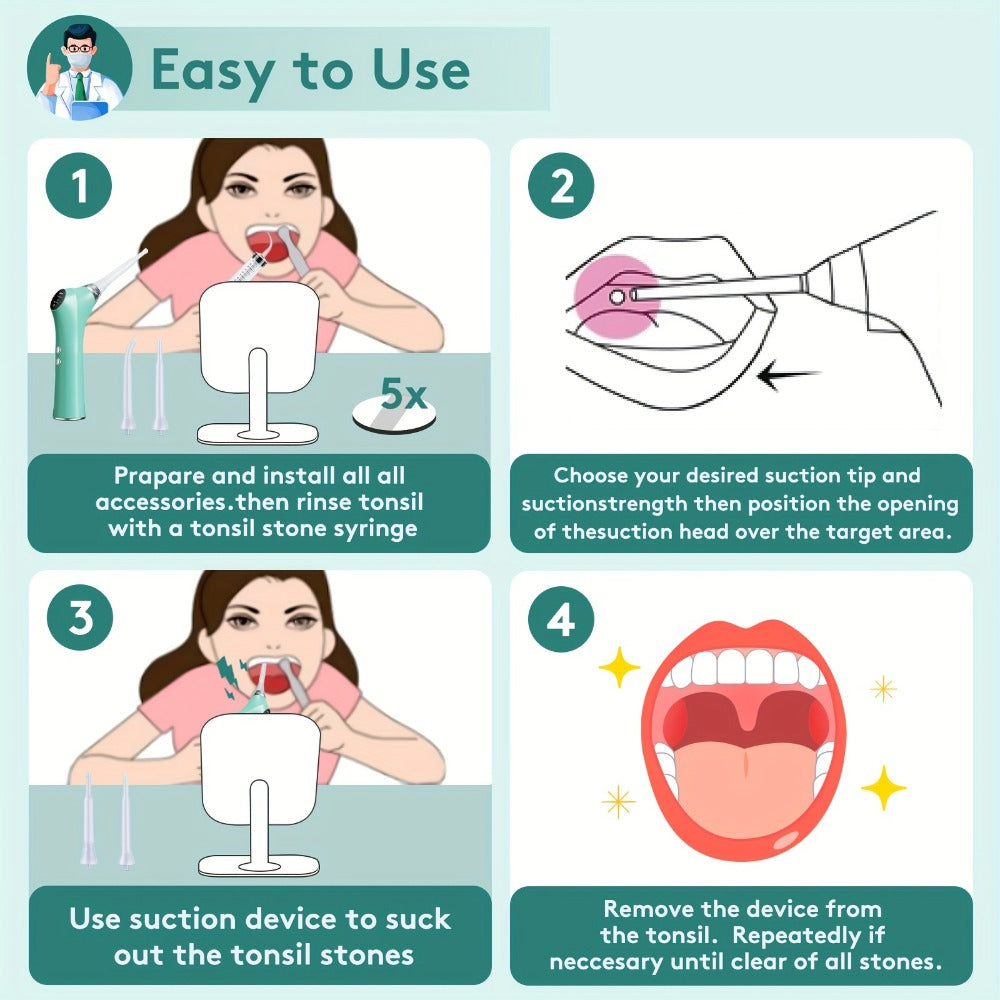 Tonsil Stone Remover Electric Vacuum Kit with LED Light – 3 Suction Modes 5X Magnifying Mirror Oral Irrigator Safe Gentle Ton