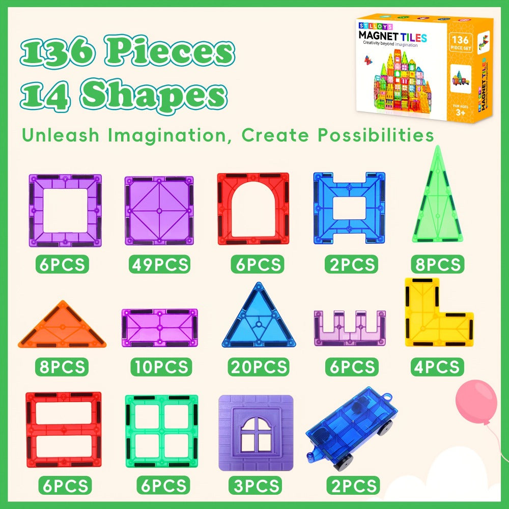 Magnetic Tiles for Kids 106/136pcs with 2 Toy Cars – STEM Approved Educational Magnet Building Blocks Set Stacking Puzzle Toy