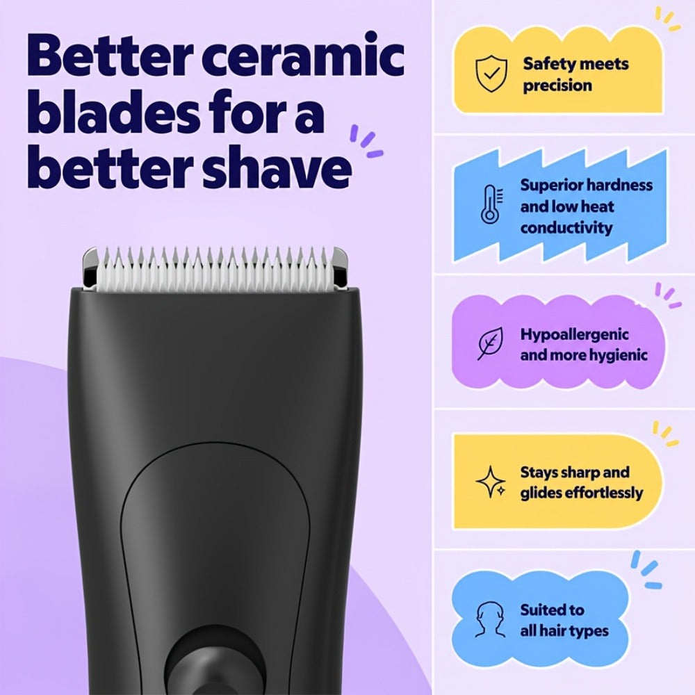 Ceramic-Blade Body Hair Trimmer with IPX6 Rating, Two Guide Combs and Black or Purple Options — image 12