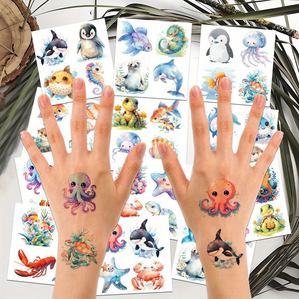Ocean Animals Temporary Tattoo Stickers 12 Sheets 48 Designs Underwater Sea Creatures Cartoon Vibrant Body — image 2