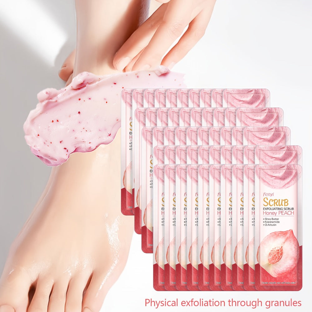 Peach Body Scrub with Jojoba Beads, Fifty 0.11oz Travel Sachets for Foot and Body Care at Home — image 1