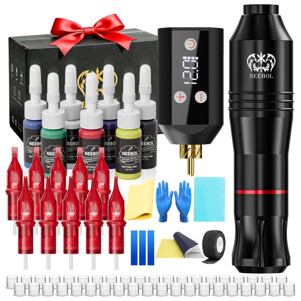 Tattoo Machine Kit Neebol Wireless Pen with Screen Display, 10 Cartridges, 7 Inks and Four Color or Pro Options — image 6