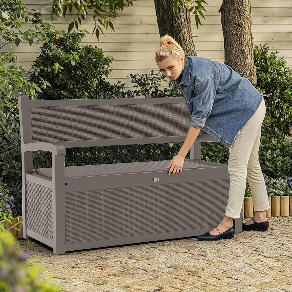 Outdoor Storage Bench 80 Gal, for Garden, Patio and Yard Use, with the Listed Configuration — image 2