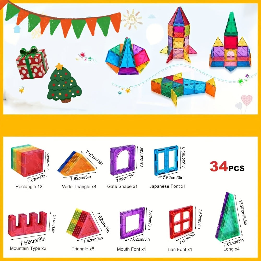 Magnetic Tiles 34-Piece Translucent Starter Building Set with Squares, Triangles, Gates and Window Shapes — image 2