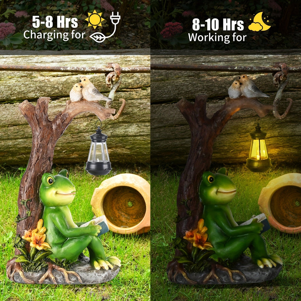 Solar Garden Lights Frog Reading Statue with Lantern, One-Piece Resin Lawn and Patio Ornament — image 6