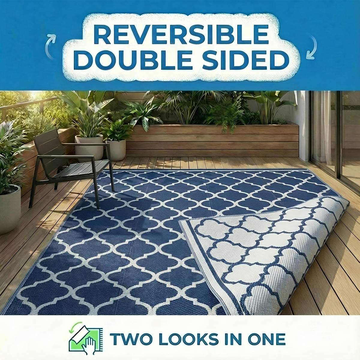 Outdoor Area Rug Waterproof Foldable Picnic Mat for Patio Balcony RV Camping Beach Garden – Blue Clover & Gray, Multiple Size