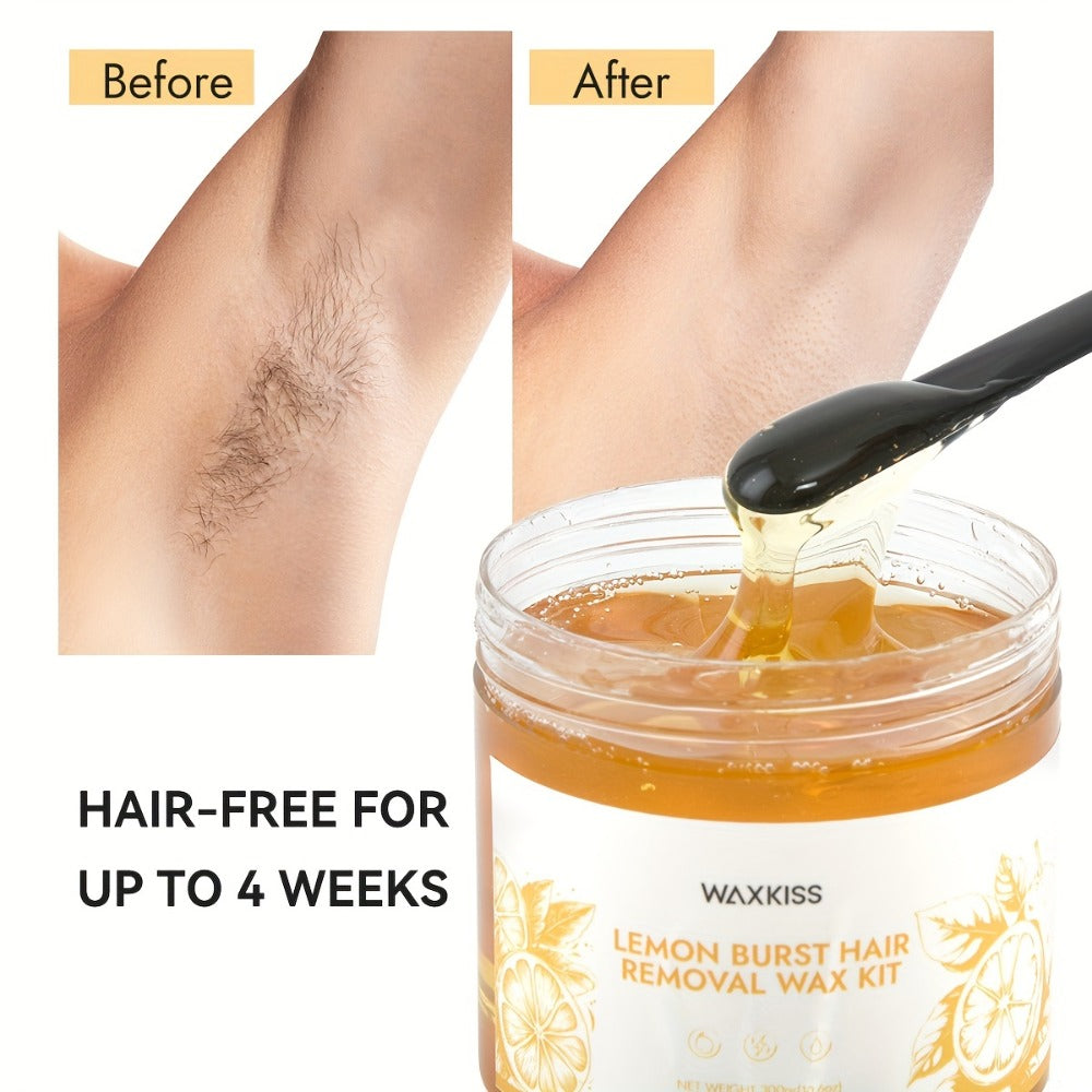 Sugar Wax Hair Removal Kit 300g – Gentle Soft Wax with Strips & Sticks for Body Hair Removal, Lemon or Activated Carbon Formu