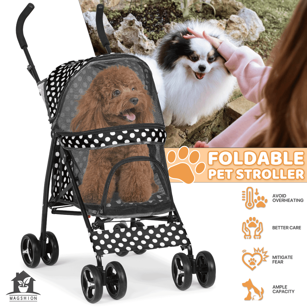 Four-Wheel Pet Stroller with Mesh Cabin, Folding Frame, Lower Basket and Ten Color or Print Options — image 15