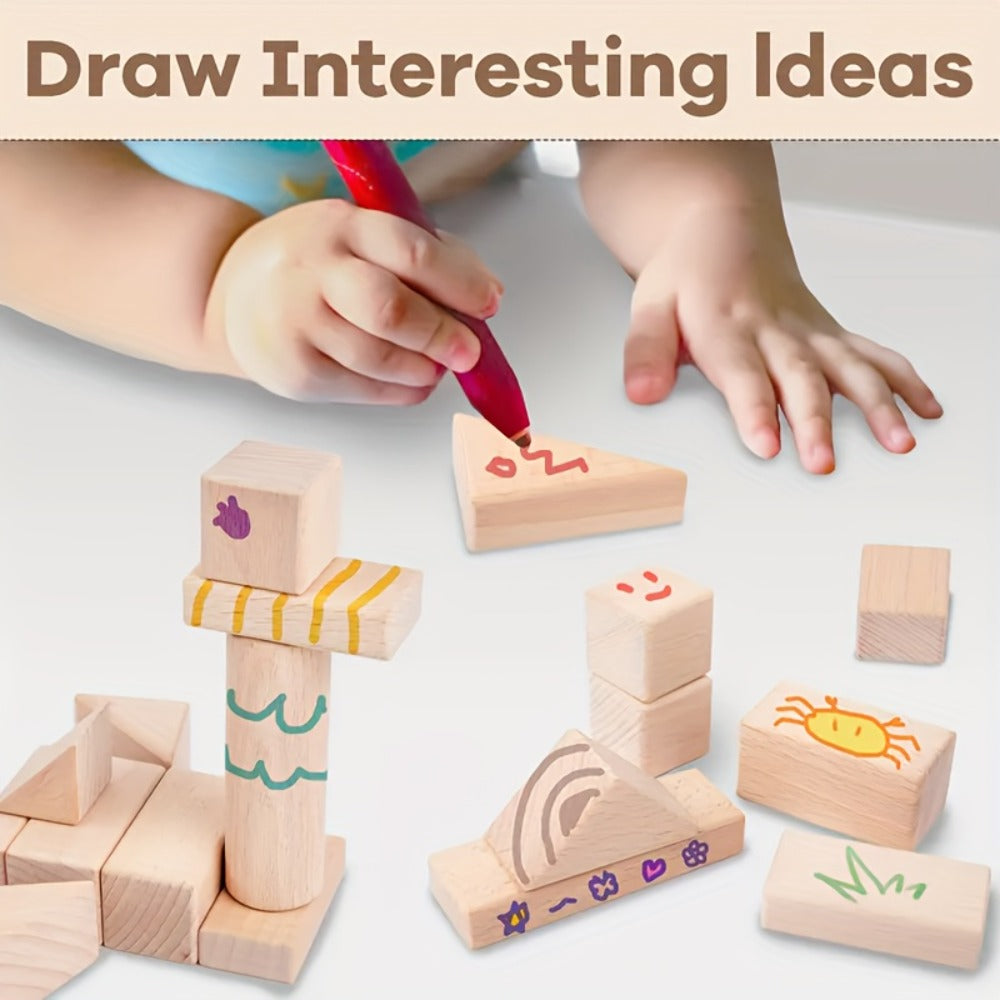 Natural Beech Wood Blocks 100 Piece Unpainted Solid Wooden Building Set, STEM Logical Thinking Toy for Kids Ages 3-12 — image