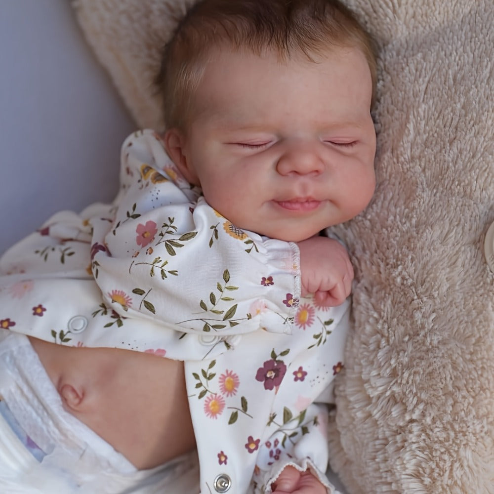 Reborn Doll, 19-Inch Full-Vinyl Sleeping Figure with Hand-Rooted Hair and Floral Outfit Set — image 6
