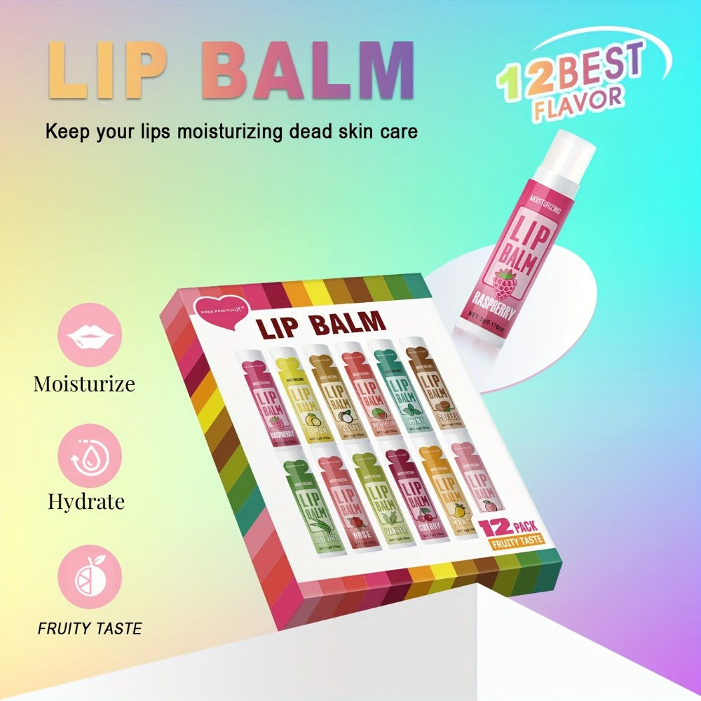 12-Piece Tube Lip Balm Set with 12 Pictured Fruit and Botanical Flavor Labels in a Display Box — image 2