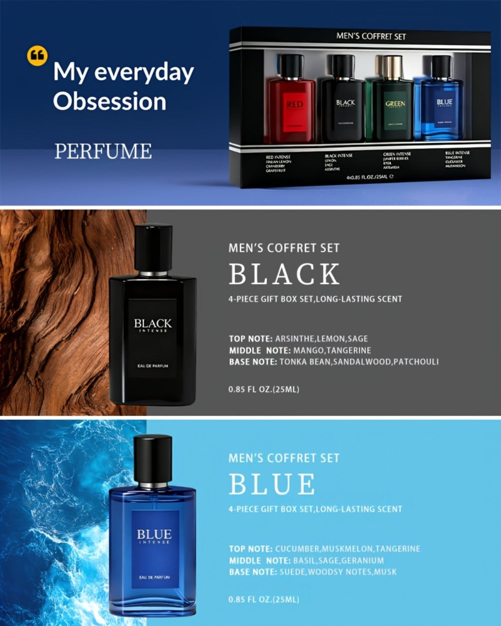 EDT Cologne Gift Set for Men 4 Piece Variety 4 Different Scents Long Lasting Fragrance Mini Bottles 0.85oz Each Travel Friend