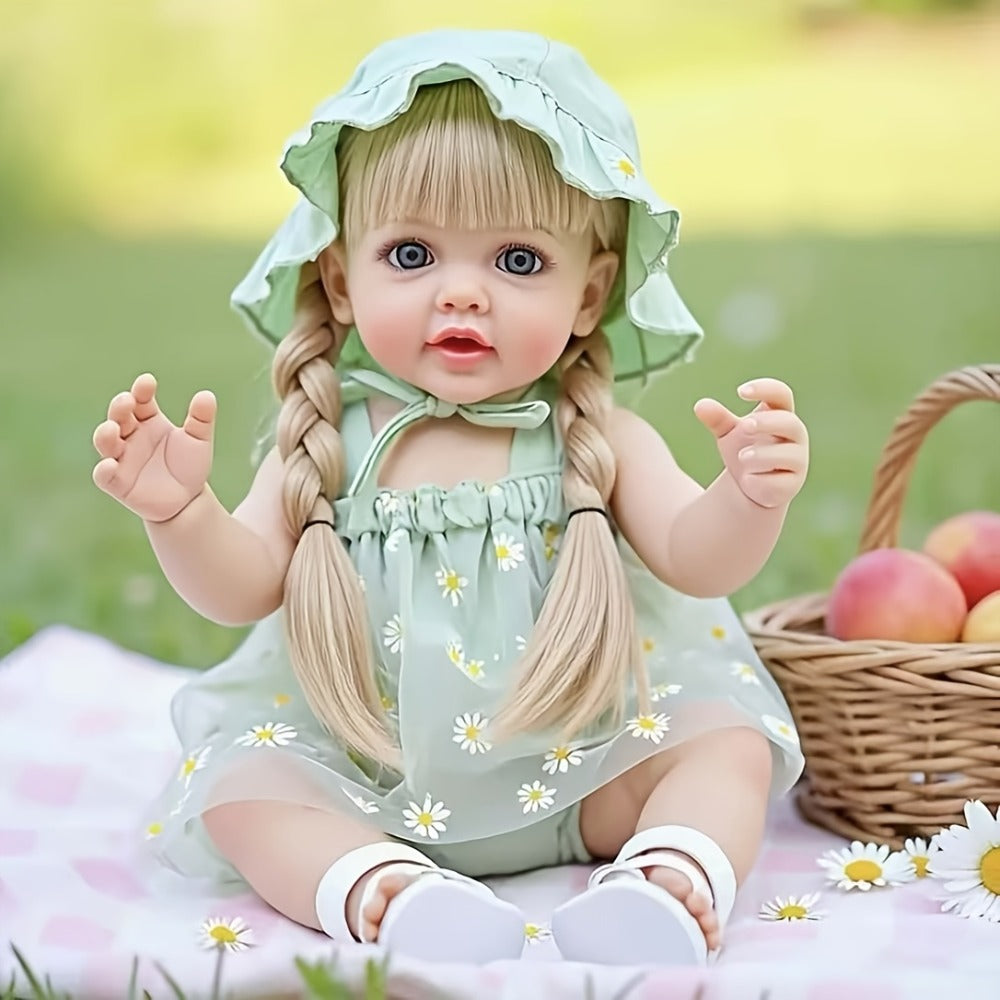 Reborn Baby Doll 22-Inch Full Vinyl Design with Long Blonde Hair, Open Eyes, Green Outfit and Accessories — image 6