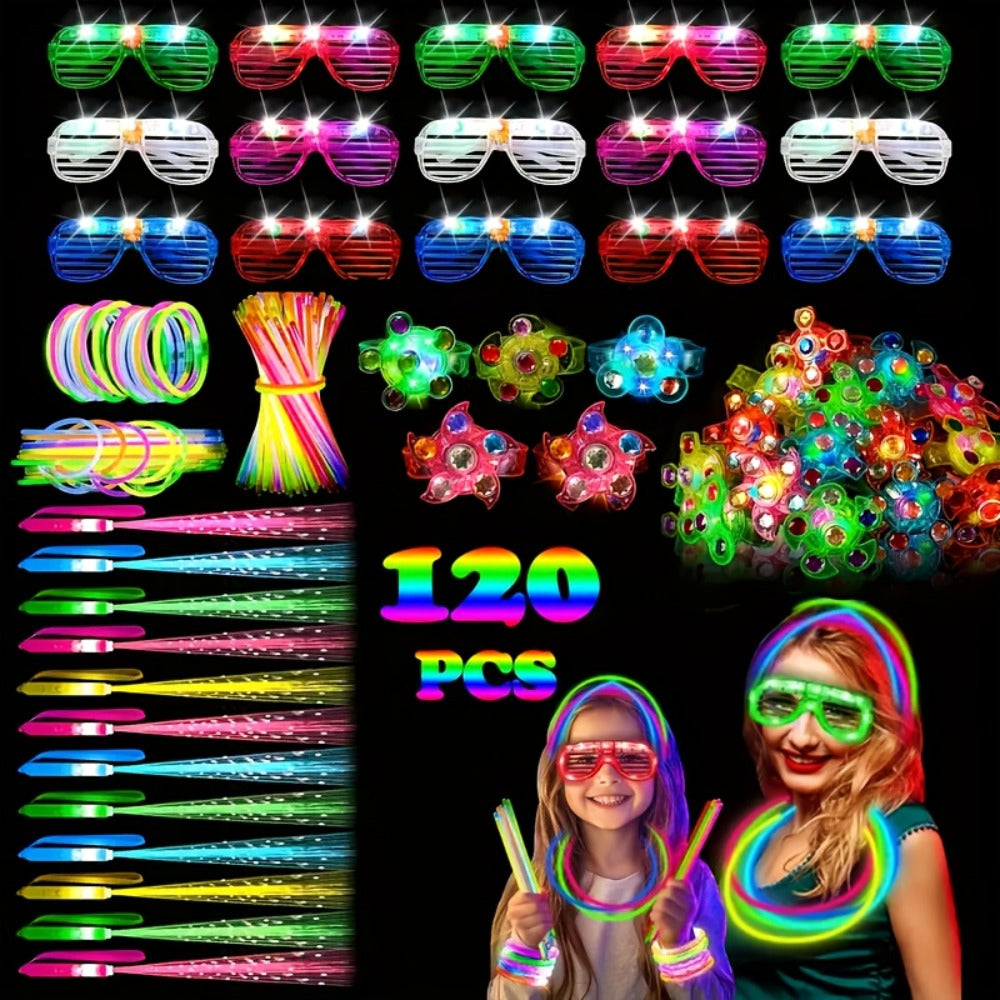 Neon Glow Accessory Party Supplies Set with 120 Pieces including Glasses, Rings, Sticks and Hair Clips — image 4