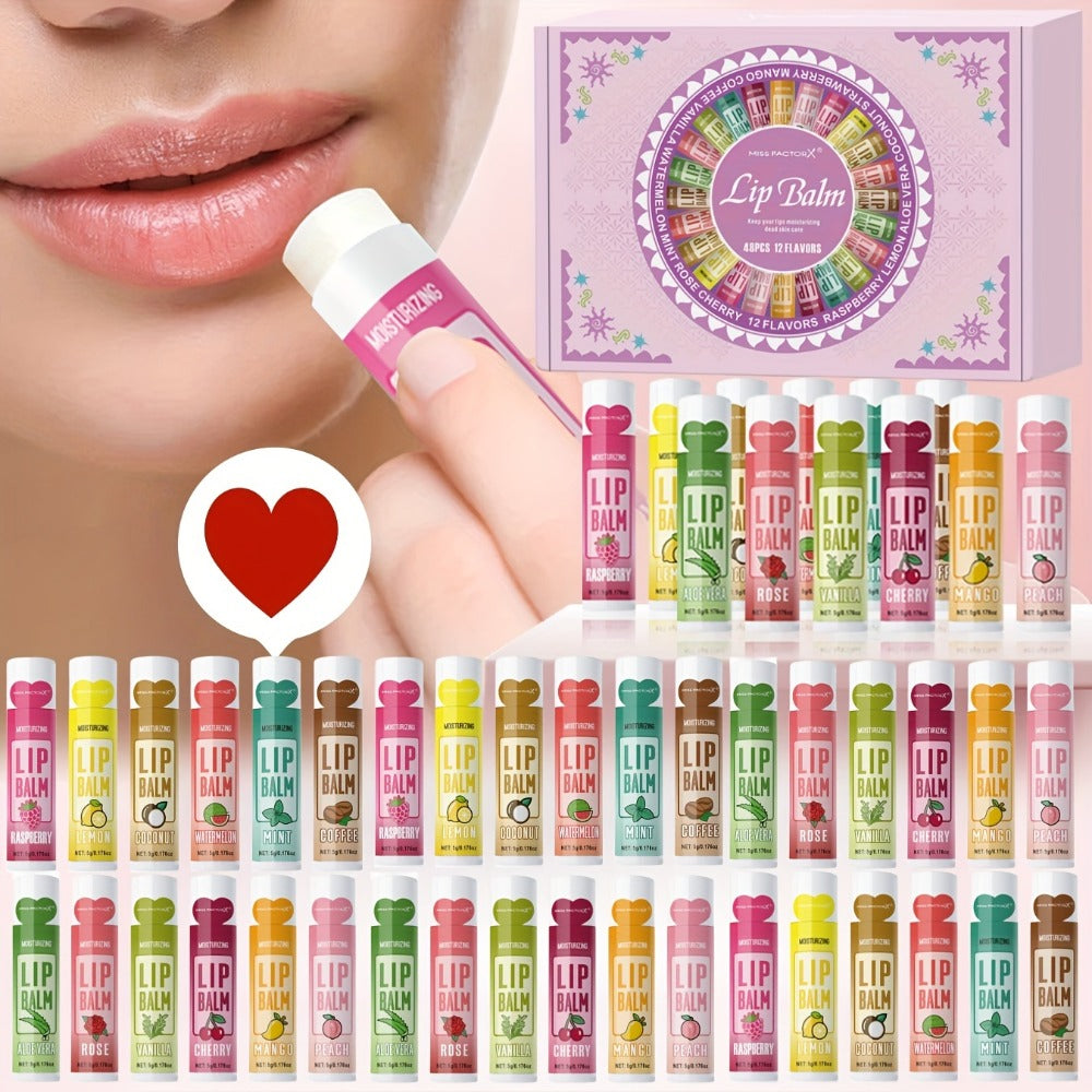 Lip Balm Gift Set 48pcs MISS FACTORX – Moisturizing Glycerin Lip Butter, Hypoallergenic Natural Finish for All Skin Types — i