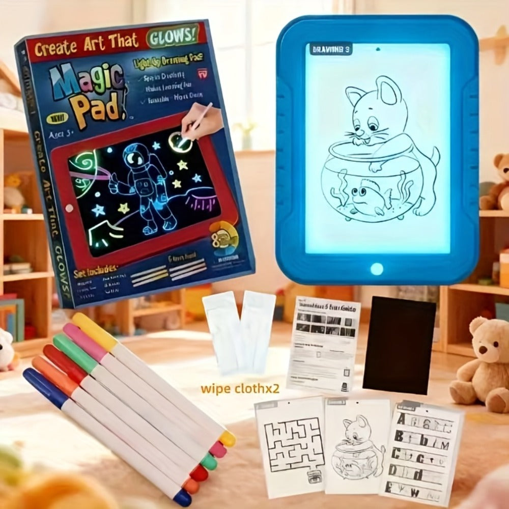 Magic LED Drawing Board for Kids with 15 Double-Sided Tracing Cards & 6 Markers, Light Up Luminous Art Board for Boys & Girls
