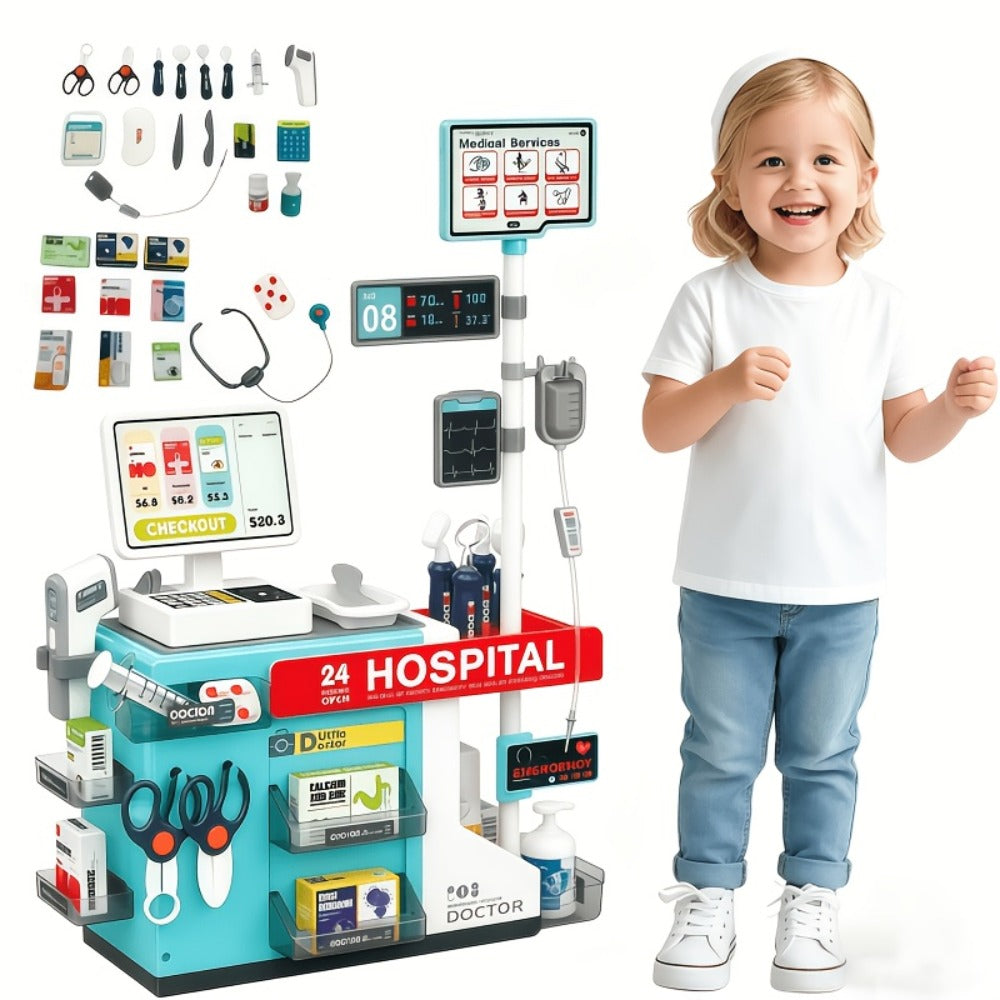 Doctor Play Set for Kids 49 PCS, Role Play Medical Station & Cashier Toy Kit for Boys Girls, Pretend Doctor Nurse Cashier — i