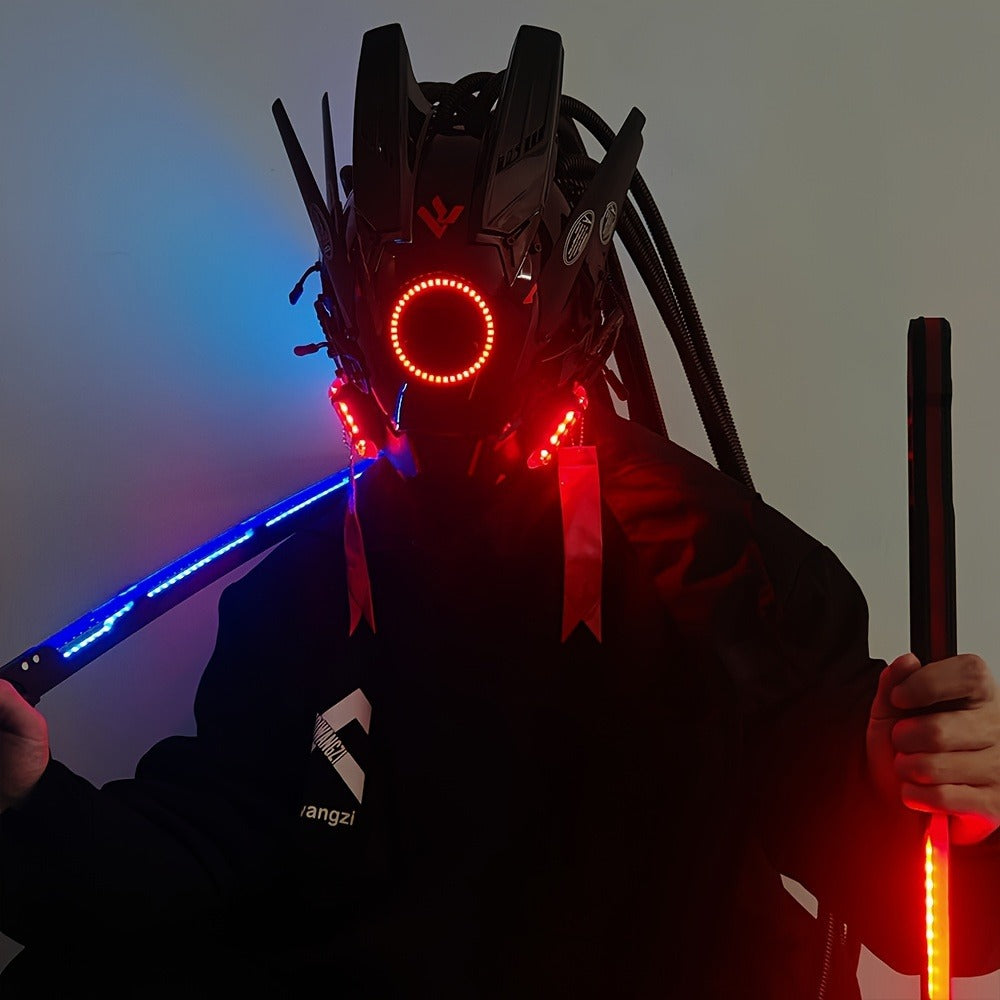 LED Braided Cyberpunk Costume Helmet with Circular Face Light and Blue, Green or Pink Accent Styles — image 8