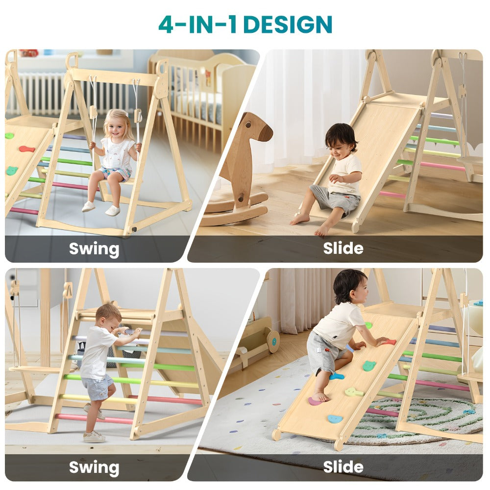 Foldable Indoor Wooden Jungle Gym for Toddlers, 4-in-1 Climbing Frame with Swing, Slide & Ladder — image 11