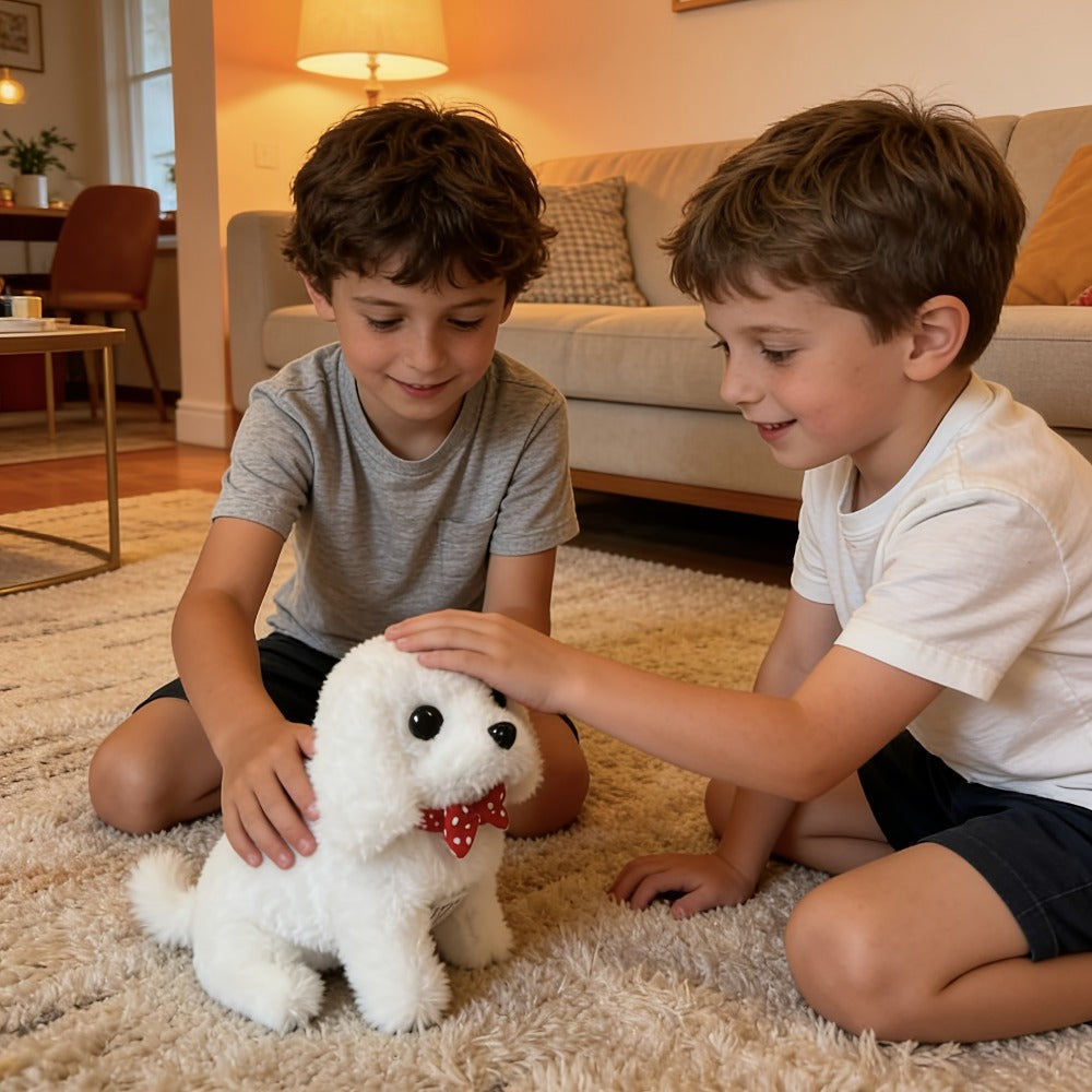 White Electronic Plush Robot Puppy Toy with Walking and Barking Box Icons in a White Gift-Box Option — image 5