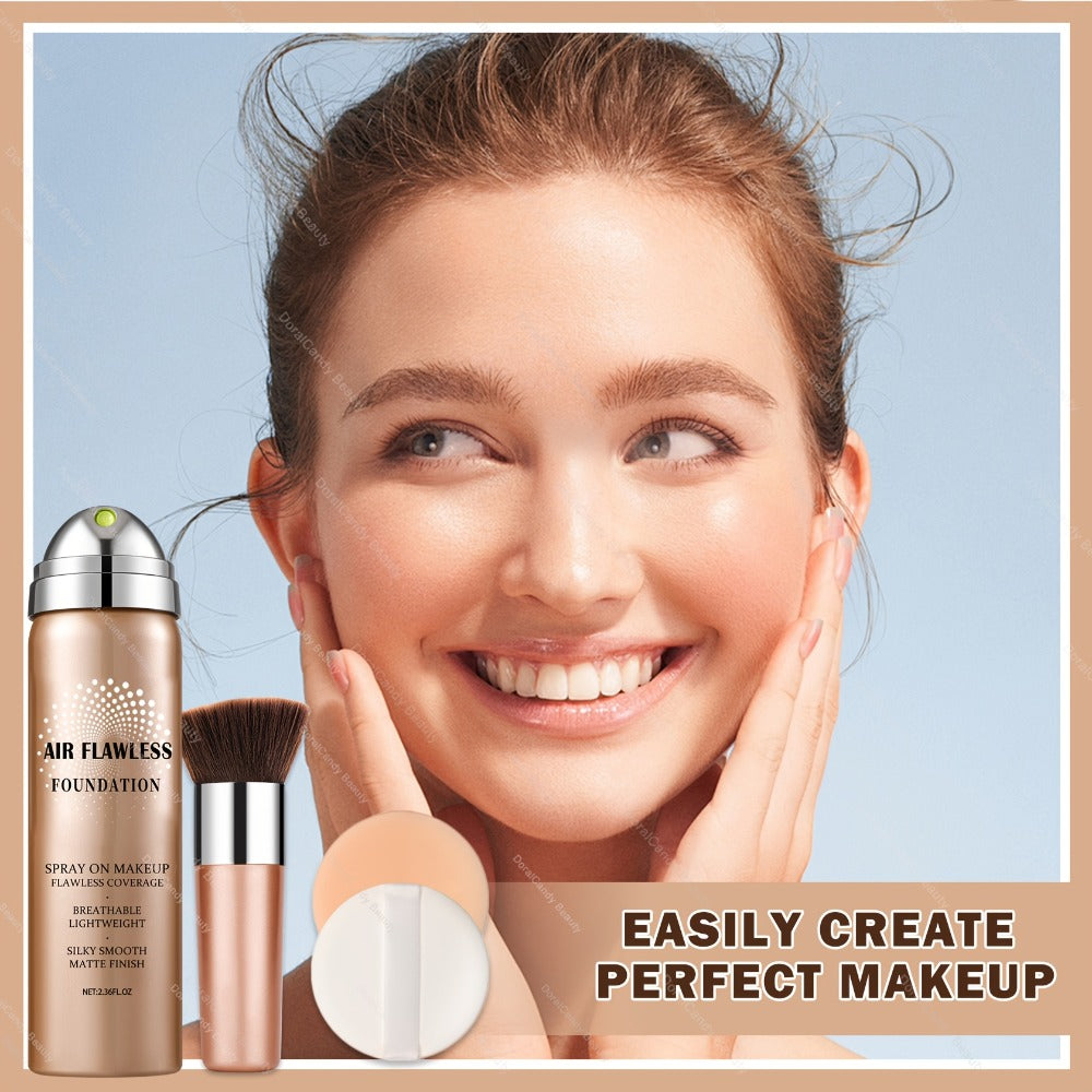 Full Coverage Liquid Foundation Airspray Kit Buildable Formula 6 Shades – Natural Beige Nude Porcelain Tan Medium Natural Sat