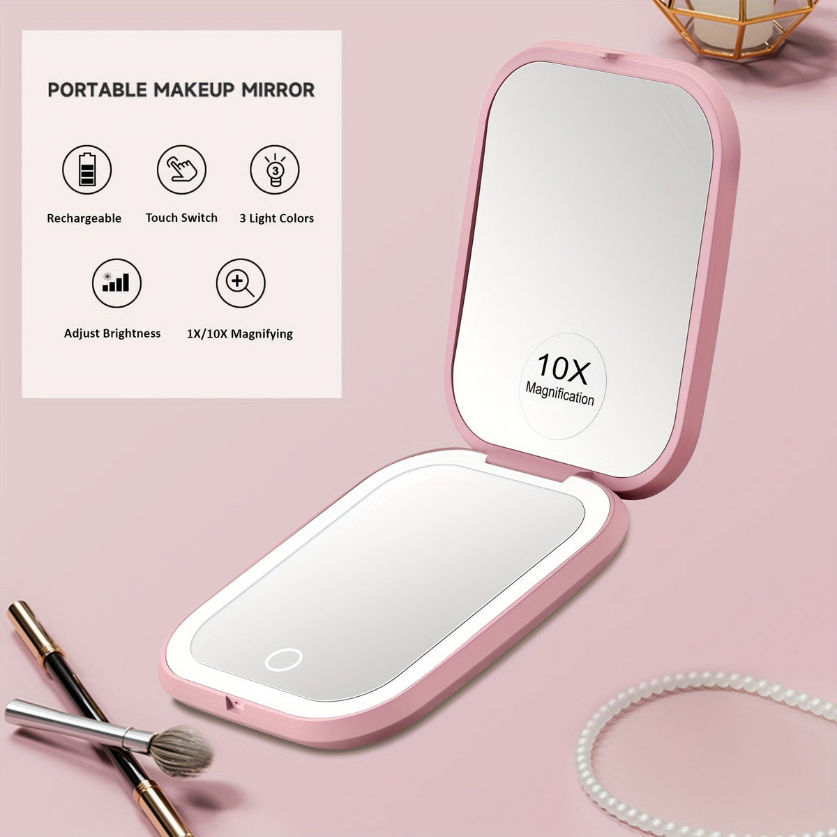Rechargeable Pink or White LED Compact Mirror with 1X and 10X Views, Three Light Modes and Touch Dimming — image 14