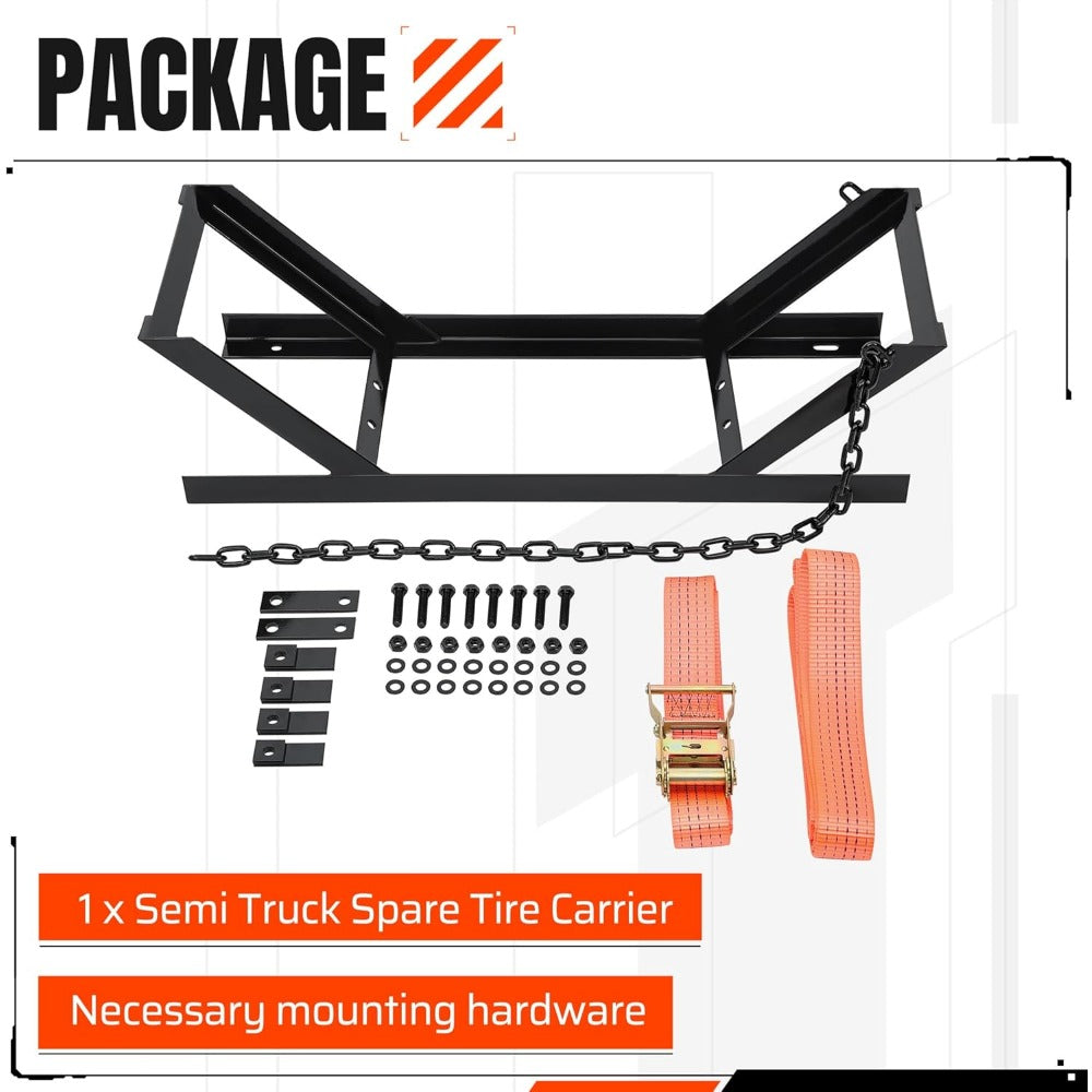 Semi Truck Spare Tire Carrier Rack Adjustable Steel Holder with Anti-Sway Chain & Ratchet Strap for Class 8 Semi-Trailers Ken