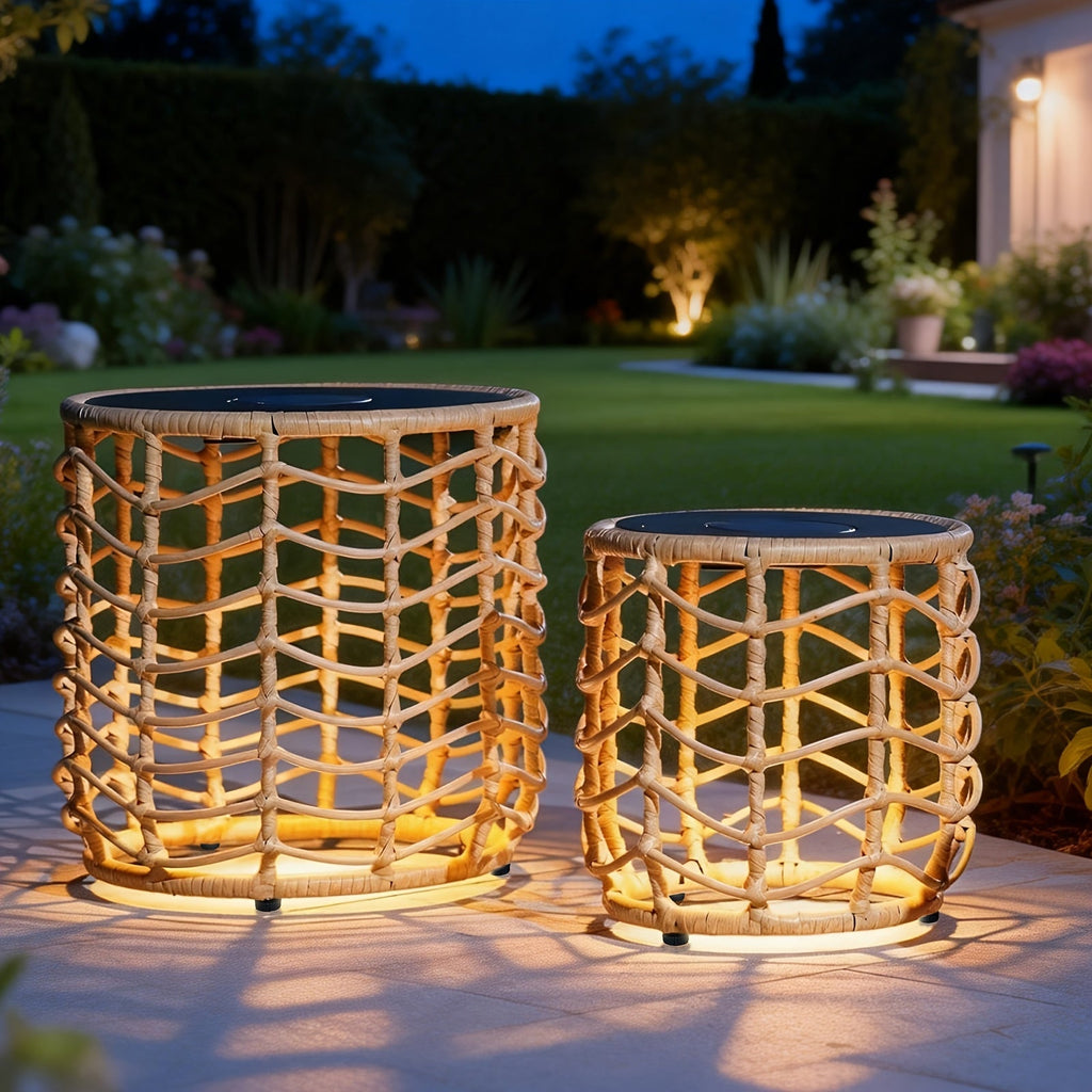 Outdoor Side Tables for Patio, Set of 2 Nesting PE Wicker Frames with Tempered Glass Tops for Patio or Balcony Layouts — imag