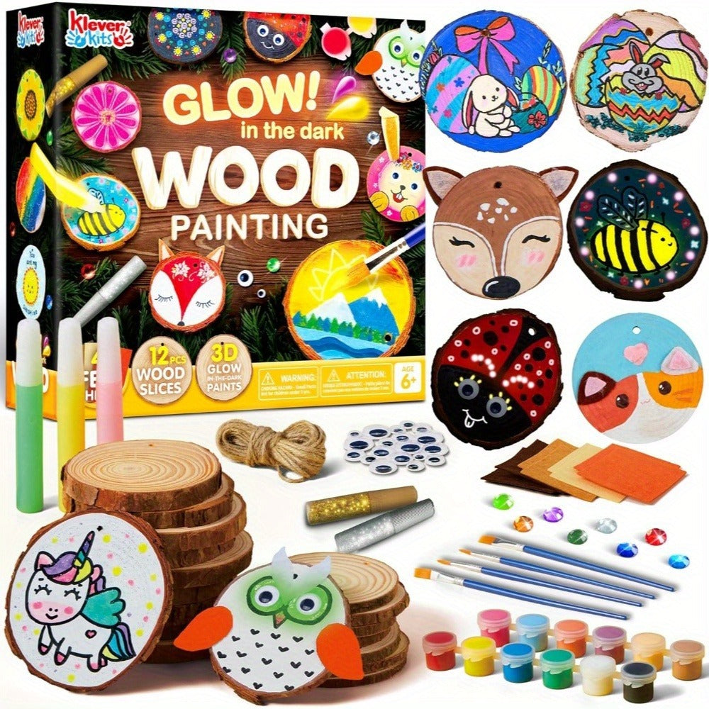 Kids Painting Kit Glow in the Dark, Wood Slice Arts & Crafts Set Ages 6+ with 16 Wood Slices, Felt — image 1