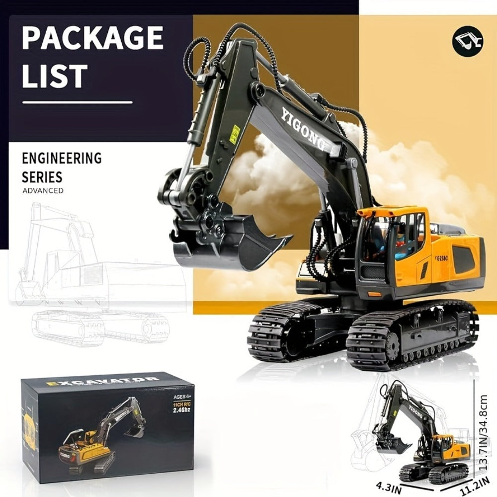 RC Excavator Toy 1:24 Scale 2.4GHz 9-Channel Remote Control with Alloy Metal Cap Lights & Sound Rechargeable Battery — image 