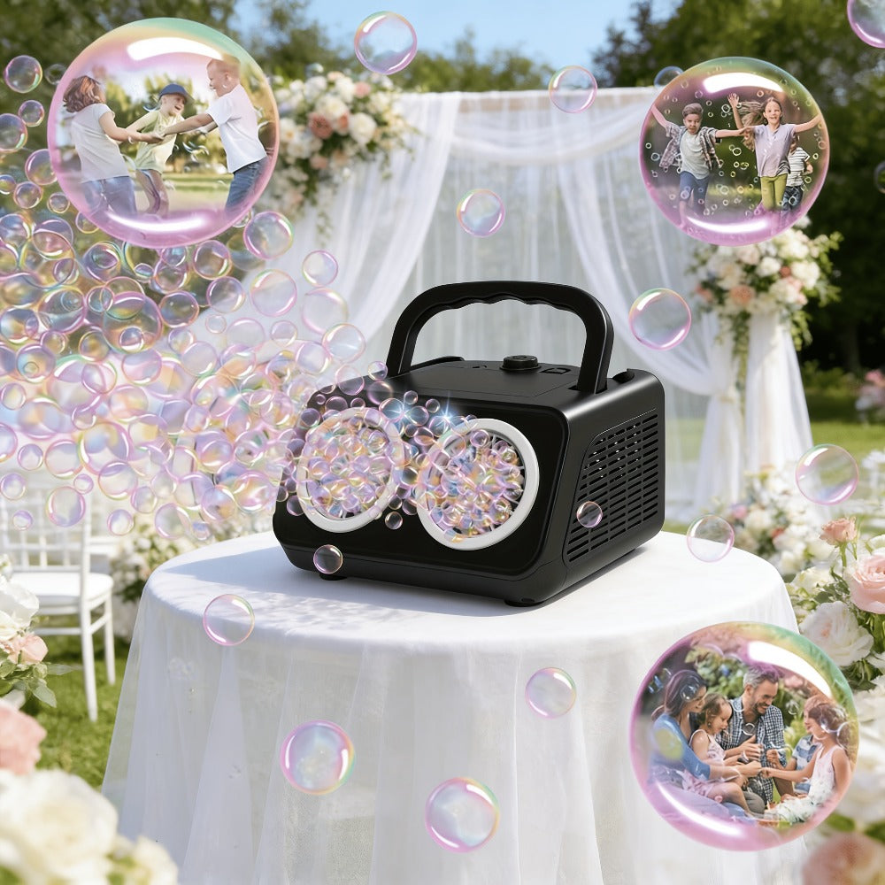White Dual-Wheel Bubble Machine with Material Thickened Label, Handle, USB Port and Battery Compartment — image 11
