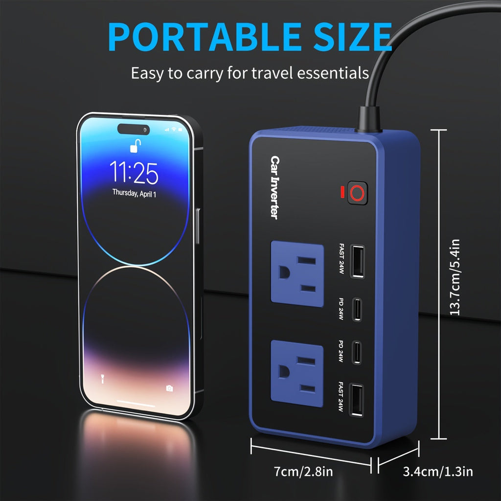 Car Inverter Charger 200W DC 12V to AC 110V with PD 24W USB-C QC 24W Quick Charge Car Plug Adapter US Socket for Vehicle Offi