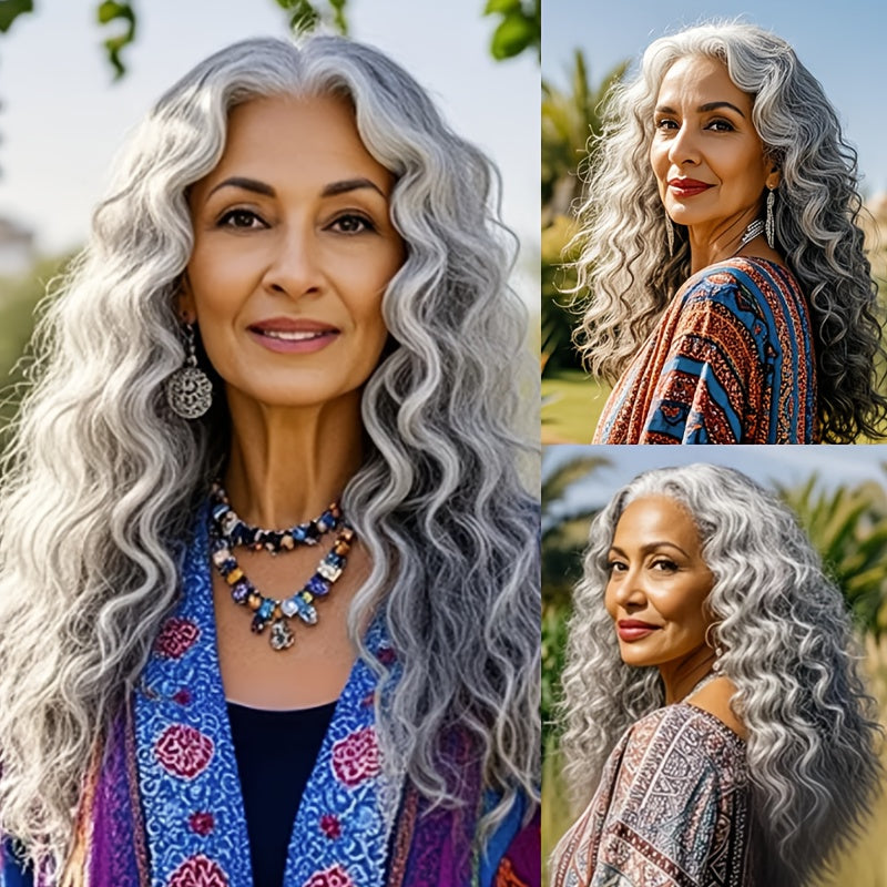 Synthetic Wig 24-Inch Space Gray Deep Waves with Glueless Buckle Cap and Rating with Item-Specific Color, Length, Texture and