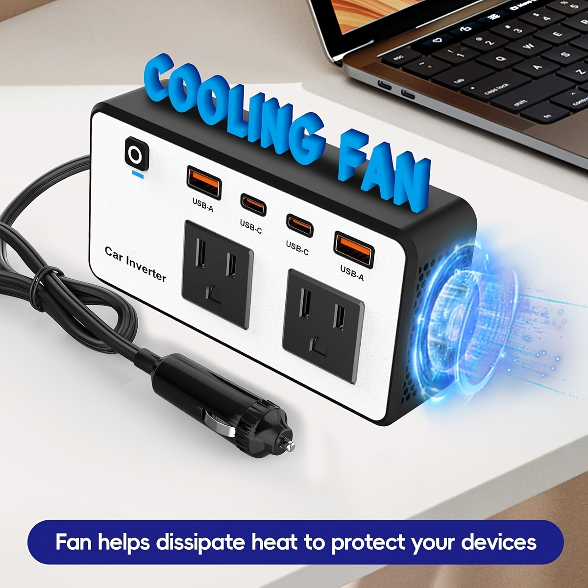 Car Inverter 200W DC 12V to AC 110V with Dual AC Outlets 24W USB-C Fast Charging 4 USB Ports Portable for Garden, Patio and Y