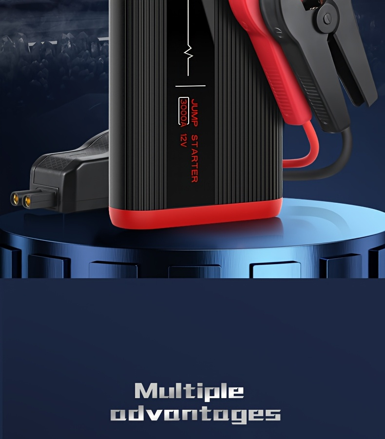 Lithium Jump Starter 3000A 8000mAh 12V Battery Pack USB-C Recharge Round LED Display for 6.0L Diesel for Garden, Patio and Ya
