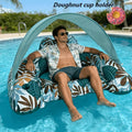 Tropical Leaf Inflatable Pool Lounger with Canopy, Cup Holder, Two Donut Drink Rings and Green or Blue Options — image 8