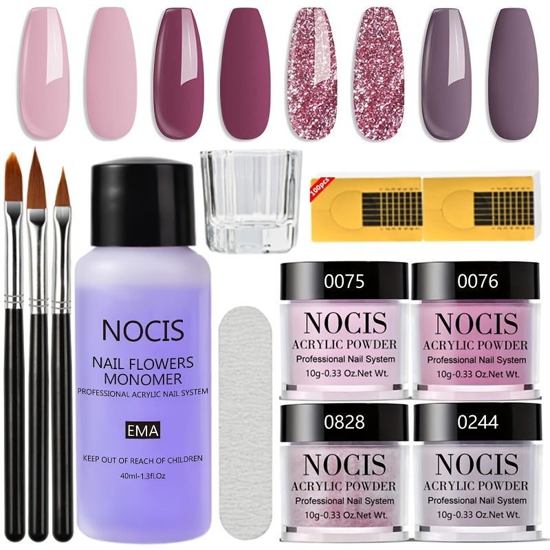 Acrylic Nail Kit NOCIS Four 10g Pink, Mauve and Glitter Powders with Liquid Monomer, Three Brushes and File — image 10