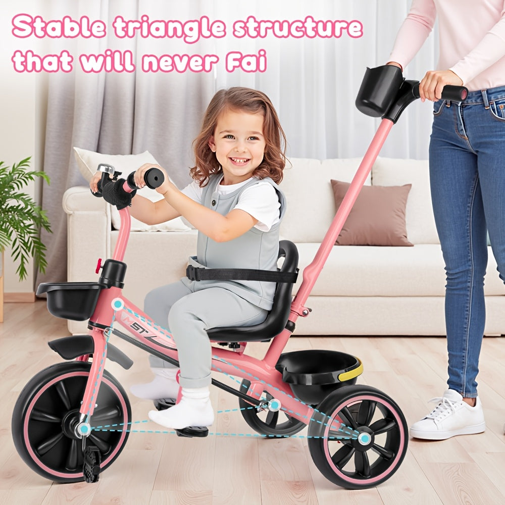 Push Handle Tricycle for Toddlers Girls Pink, 3 Wheel Trike Ages 18-60 Months with Padded Backrest — image 13