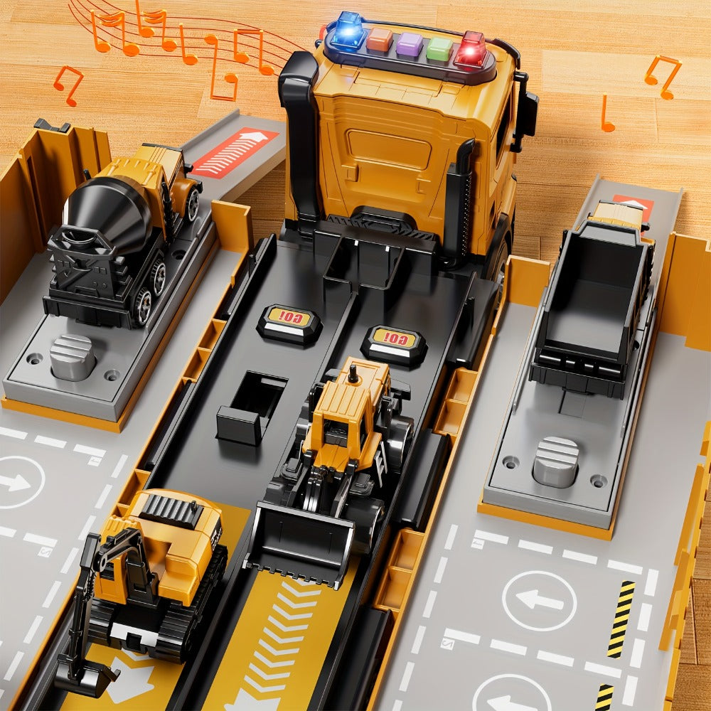 Construction Vehicle Container Truck Toy Set with Crane & Foldable Double Race Track, 4 Alloy Trucks — image 4