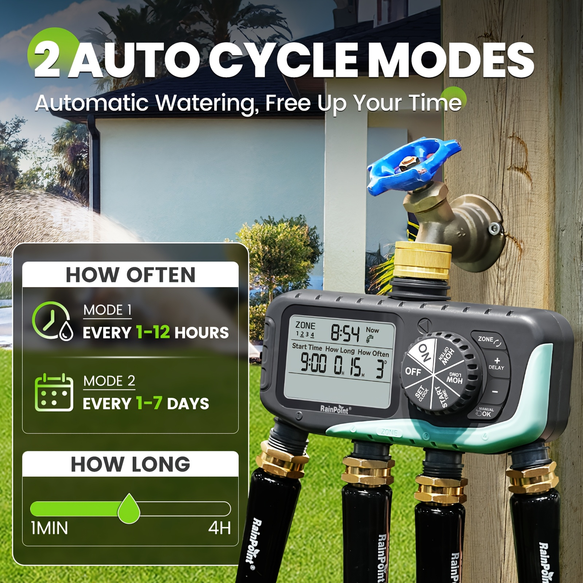 Garden Irrigation System 4-Zone, Automatic Watering Controller with Brass Head, Manual & Rain Delay Modes — image 5