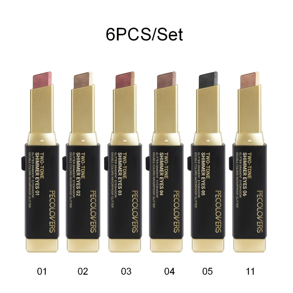 Glitter Eyeshadow Stick Pencil Set 6pcs Double Color Gradient Shimmer Metallic Waterproof, for Makeup, Travel and Everyday Va