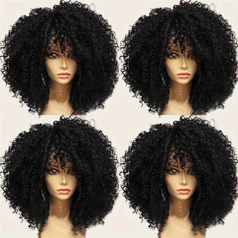 Synthetic Wig 16-Inch Kinky Curly Afro with Bangs in Color 1B and Elastic Cap for Parties and Cosplay — image 8