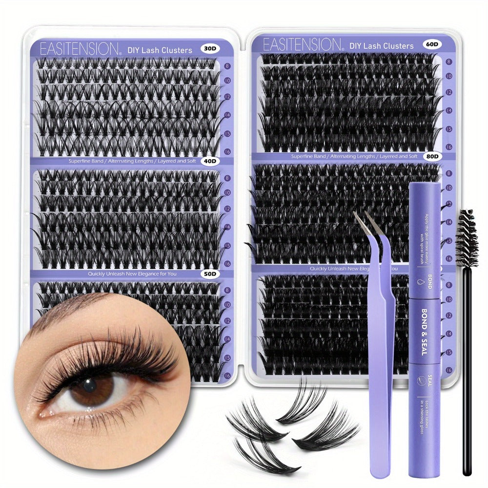 Premade Lash Clusters 708Pcs Mixed Length 30D 50D 80D 100D Wispy Volume Kit – Natural Fluffy DIY Lash Extensions with Bond Se