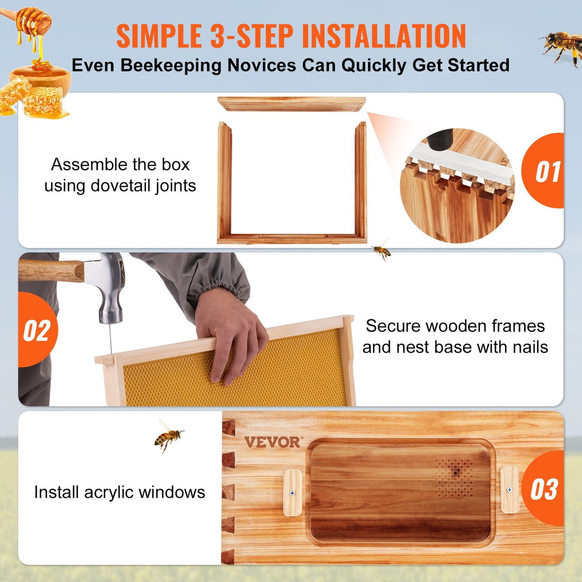 Beehive Kit 10 Frame Cedar Wood Bee Hive with Transparent Windows & Beeswax Coating, for Garden, Yard and Pest Management — i
