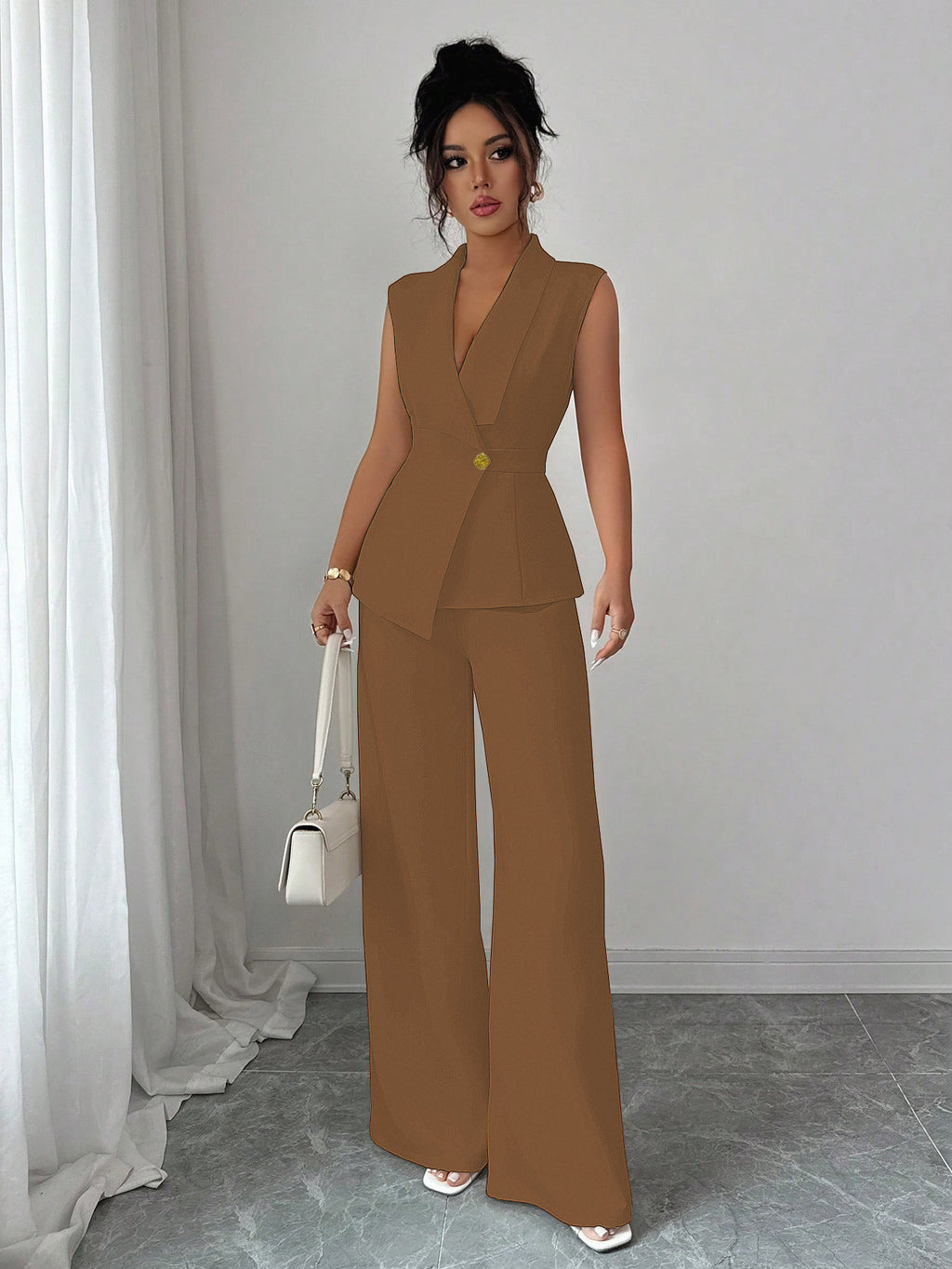 Solid Color Vest Straight-leg Trousers Suit For Women