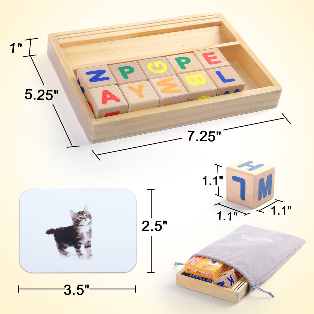 Phonics Word Builder Kit 110+ CVC Flash Cards 10 Letter Blocks Wooden Tray Spelling Matching Game | Learn to Read Toy for Pre