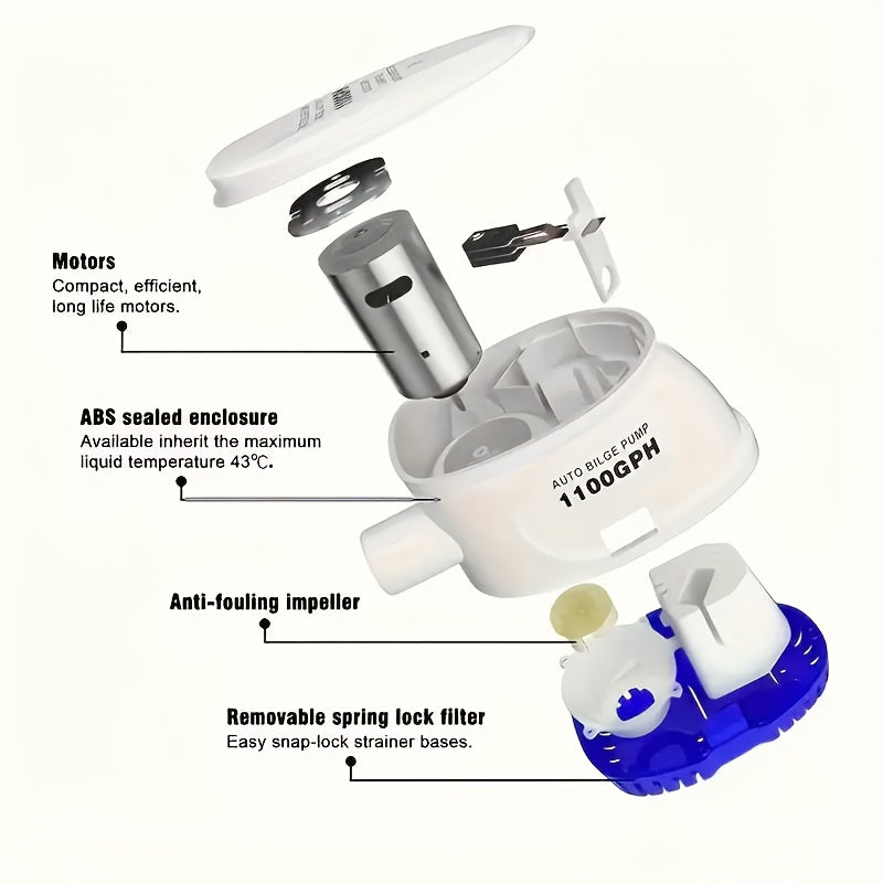 Automatic 12V 1100GPH-Label Bilge Pump with Integrated Float Switch, Side Outlet and Strainer Base — image 2