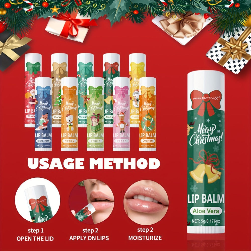 Moisturizing Lip Balm Set 10-Pack with Vitamin E – MISS FACTORX Natural Look Lipstick Collection for Women, Hydrating & Nouri